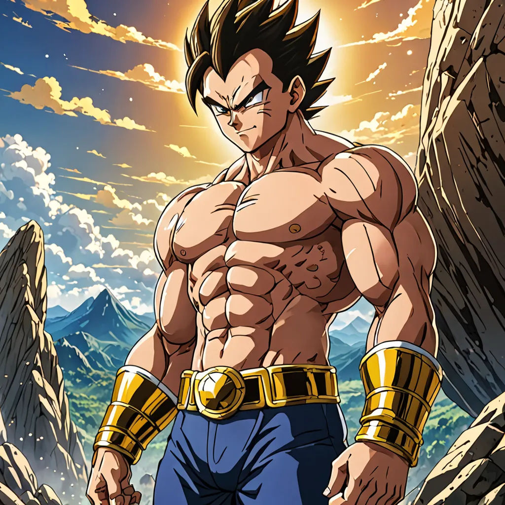 a cartoon of a man with a huge chest and gold armor on his body, standing in front of a mountain, superflat, poster art, Akira Toriyama, official art