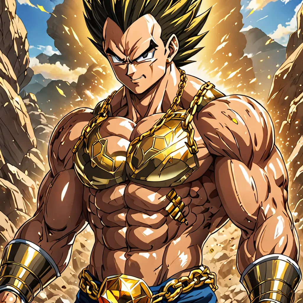 a man with a chain around his neck and a gold belt around his waist, standing in front of a rocky landscape, superflat, poster art, Akira Toriyama, official art