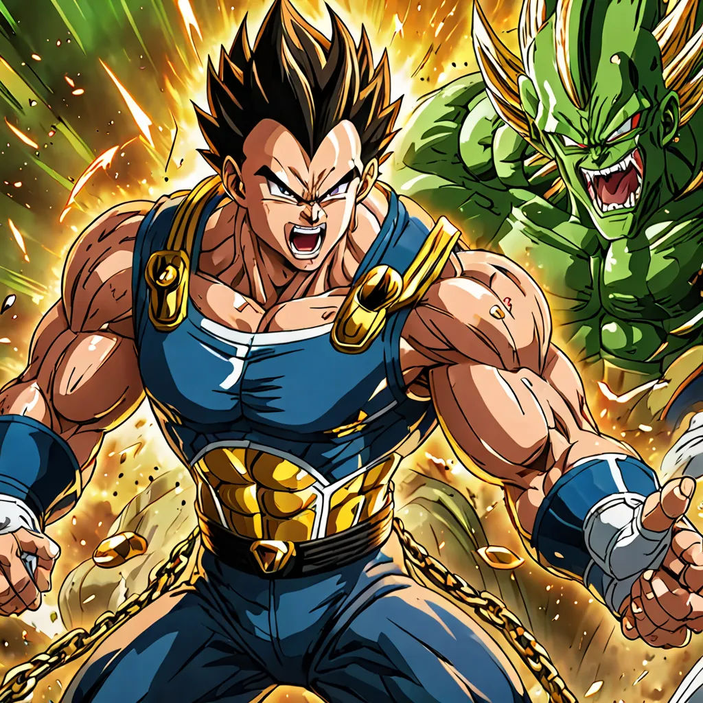 a cartoon of a man with a sword and a demon behind him, with a green monster in the background, sots art, poster art, Akira Toriyama, official art