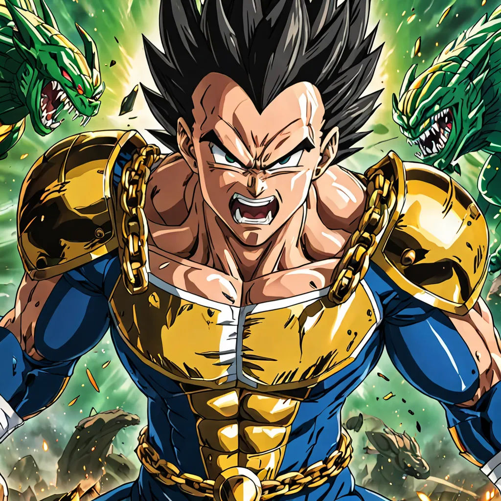 a cartoon of a man with a dragon face and a chain around his neck, with a green background, sots art, poster art, Akira Toriyama, official art