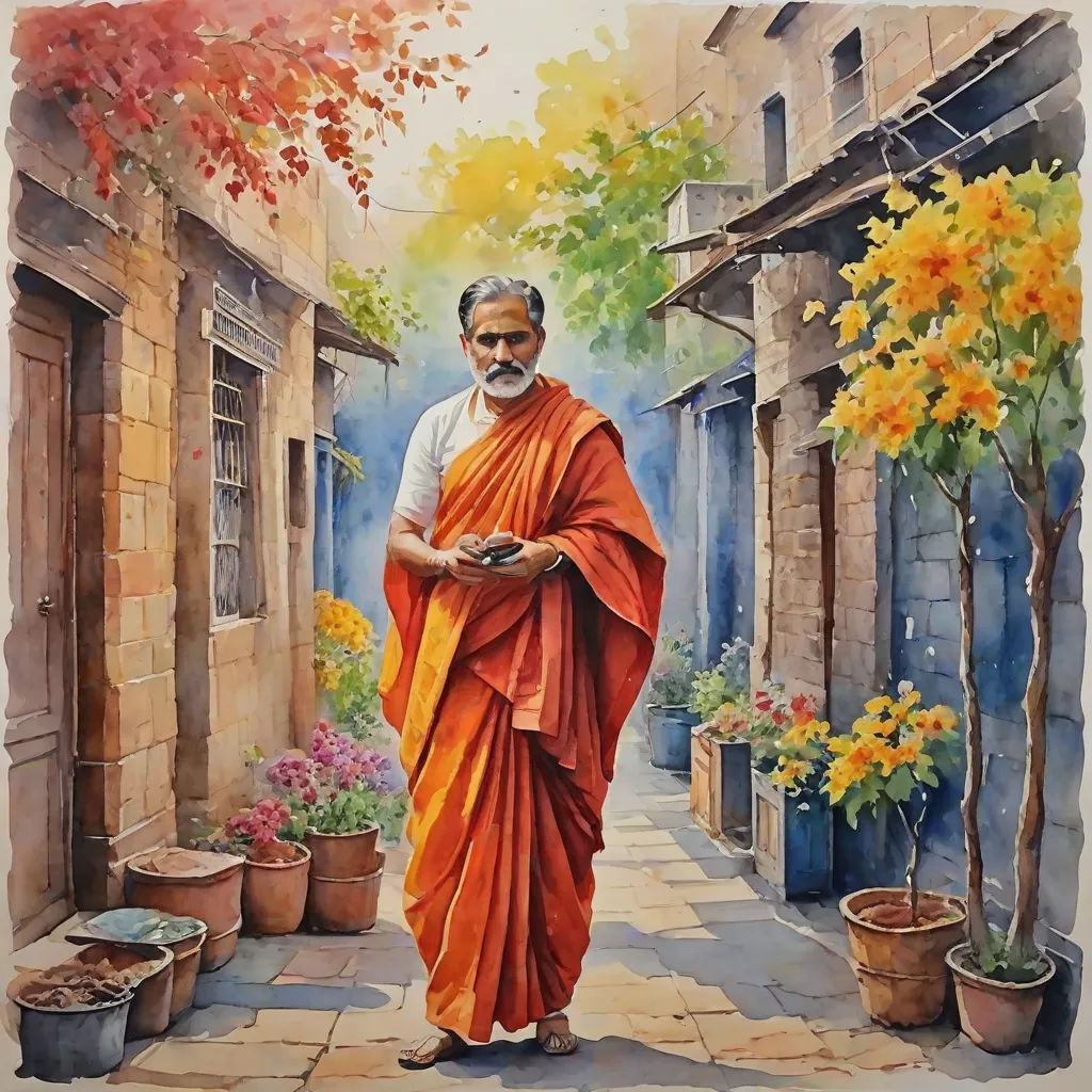 a painting of a man in an orange outfit standing in a courtyard with flowers and potted plants in front of him, figurative art, a detailed painting, Bholekar Srihari, detailed painting