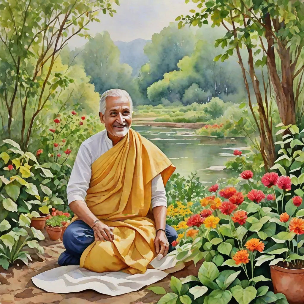 a painting of a man sitting in a garden with flowers and plants around him, with a pond in the background, samikshavad, an oil on canvas painting, Bholekar Srihari, jayison devadas