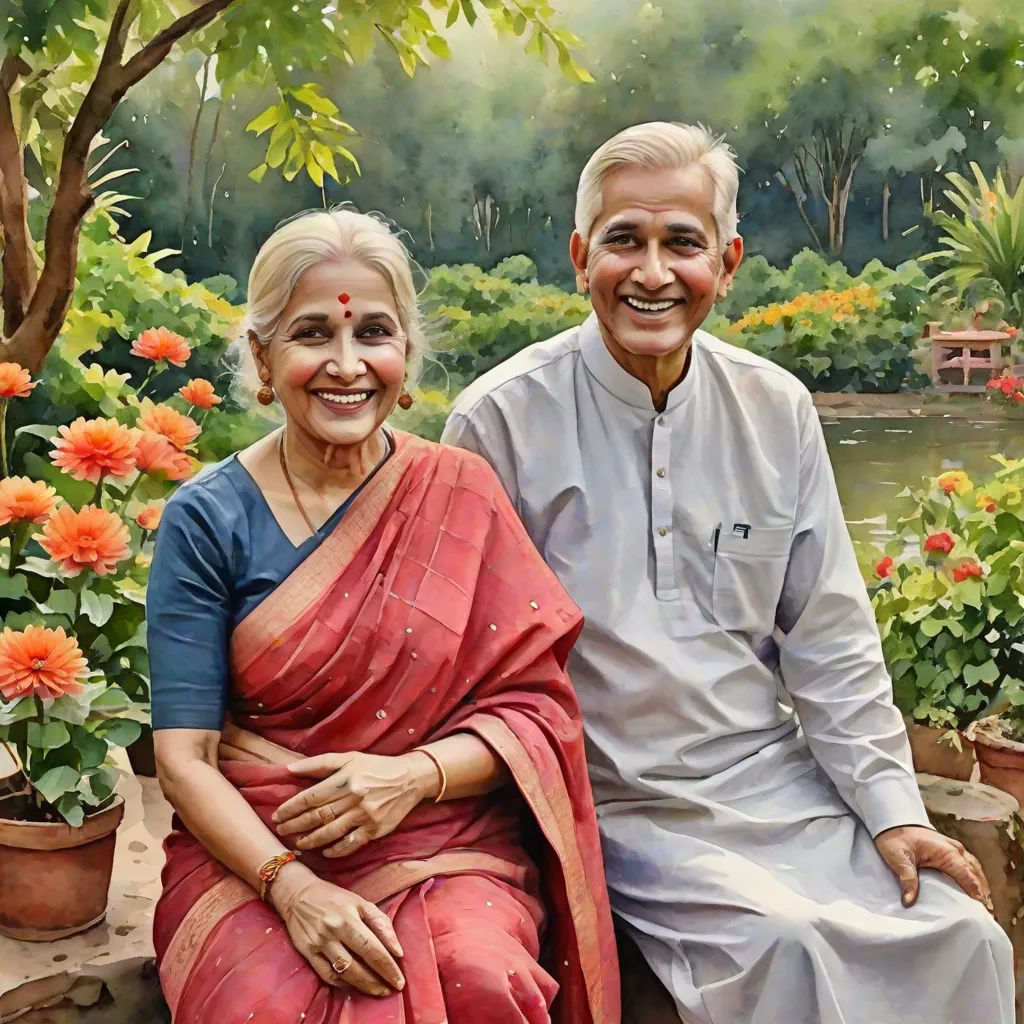 a painting of a man and woman sitting next to each other in front of flowers and trees with a pond in the background, photorealism, a detailed painting, Bholekar Srihari, extremely detailed oil painting