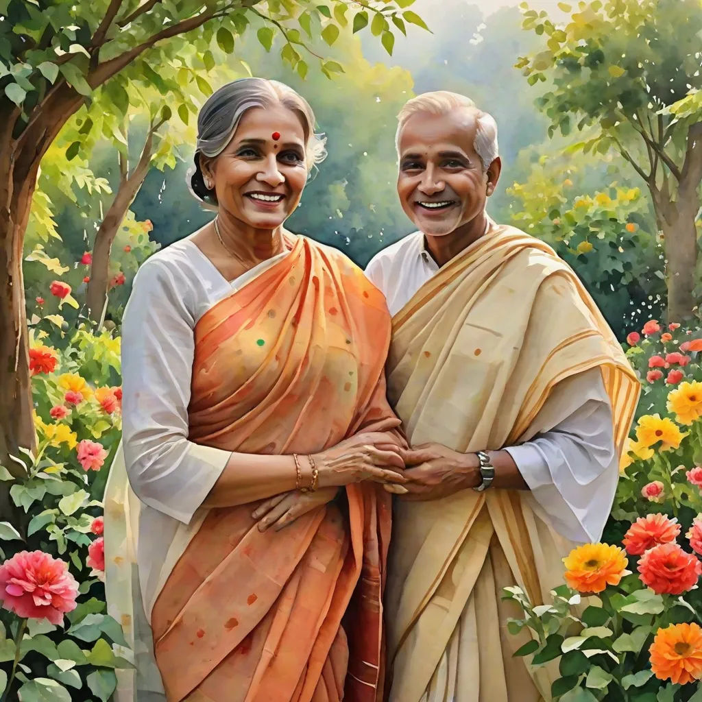 a painting of two people standing in a garden with flowers and trees in the background, one of them is holding the other's hand, figurative art, a detailed painting, Bholekar Srihari, extremely detailed oil painting