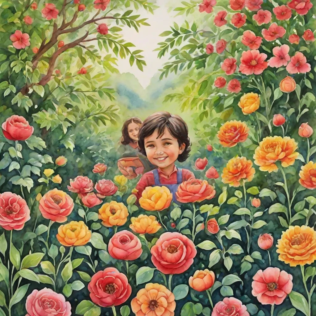 a painting of a child and a dog in a garden of flowers with a tree in the background and a woman in the middle, qajar art, an oil on canvas painting, Aaron Jasinski, highly detailed oil painting