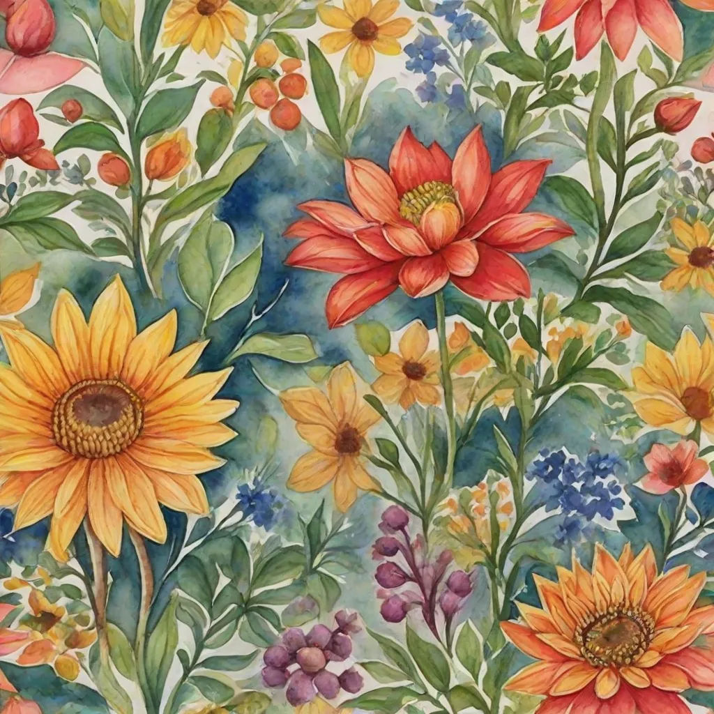 a painting of a bunch of flowers on a white background with watercolor paint on it and a blue sky background, folk art, a watercolor painting, Annabel Kidston, in gouache detailed paintings
