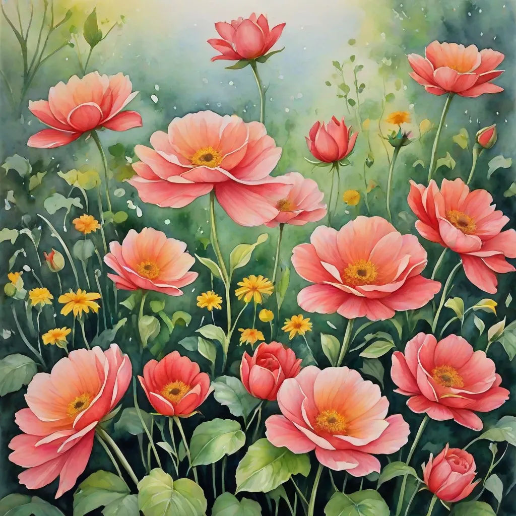 a painting of pink flowers with green leaves and yellow flowers in the background, with a green field of yellow and orange flowers, naive art, a watercolor painting, Carol Sutton, in gouache detailed paintings