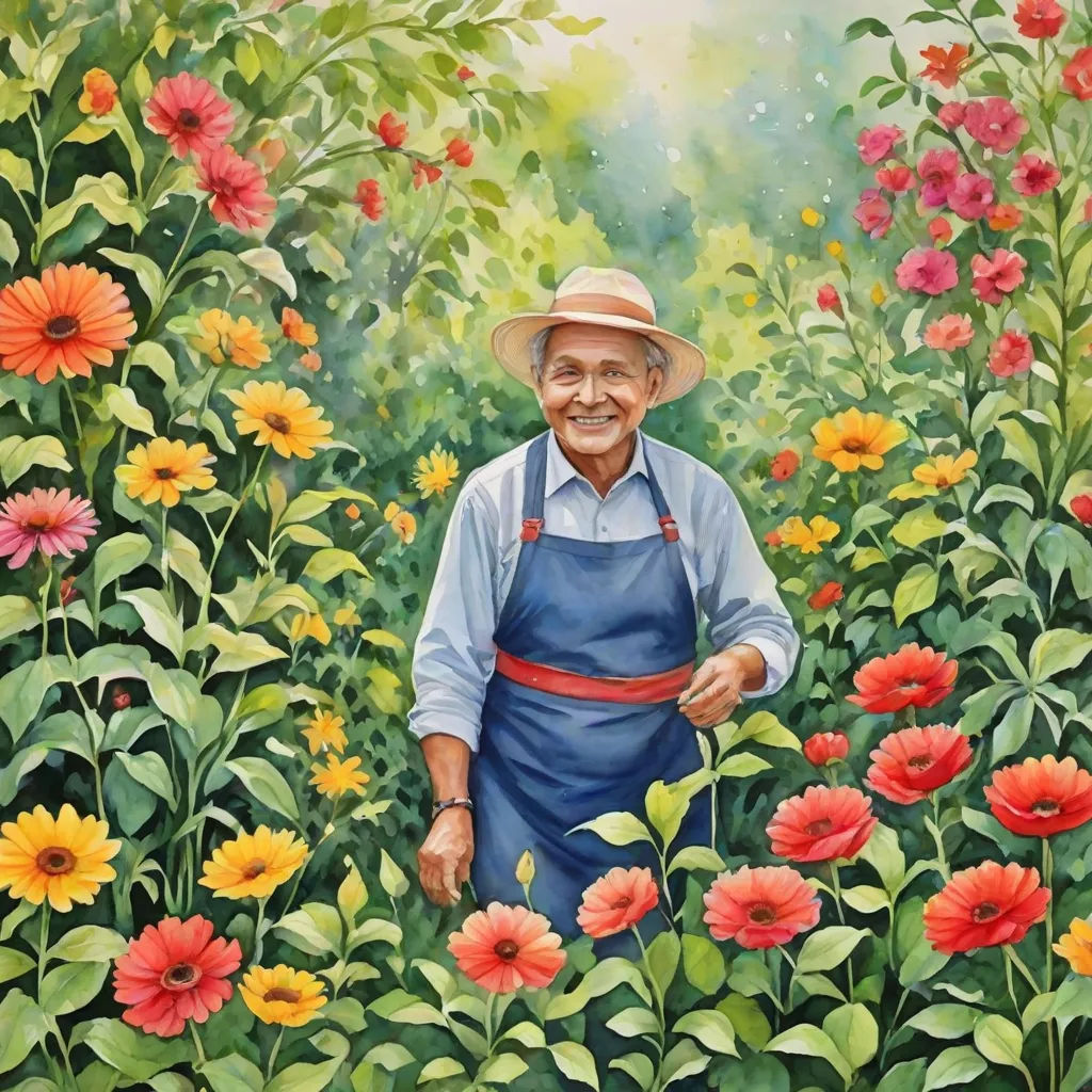 a painting of a man in a field of flowers with a hat on his head and a blue apron, naive art, a detailed painting, Bhupen Khakhar, highly detailed oil painting