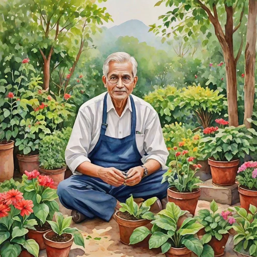 a painting of a man sitting in a garden surrounded by potted plants and flowers, with a mountain in the background, figurative art, a detailed painting, Bhupen Khakhar, highly detailed oil painting