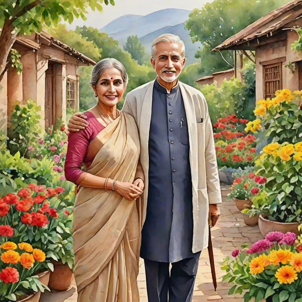 a painting of a man and woman standing in front of flowers and trees with a house in the background, photorealism, a photorealistic painting, Bholekar Srihari, highly detailed digital painting