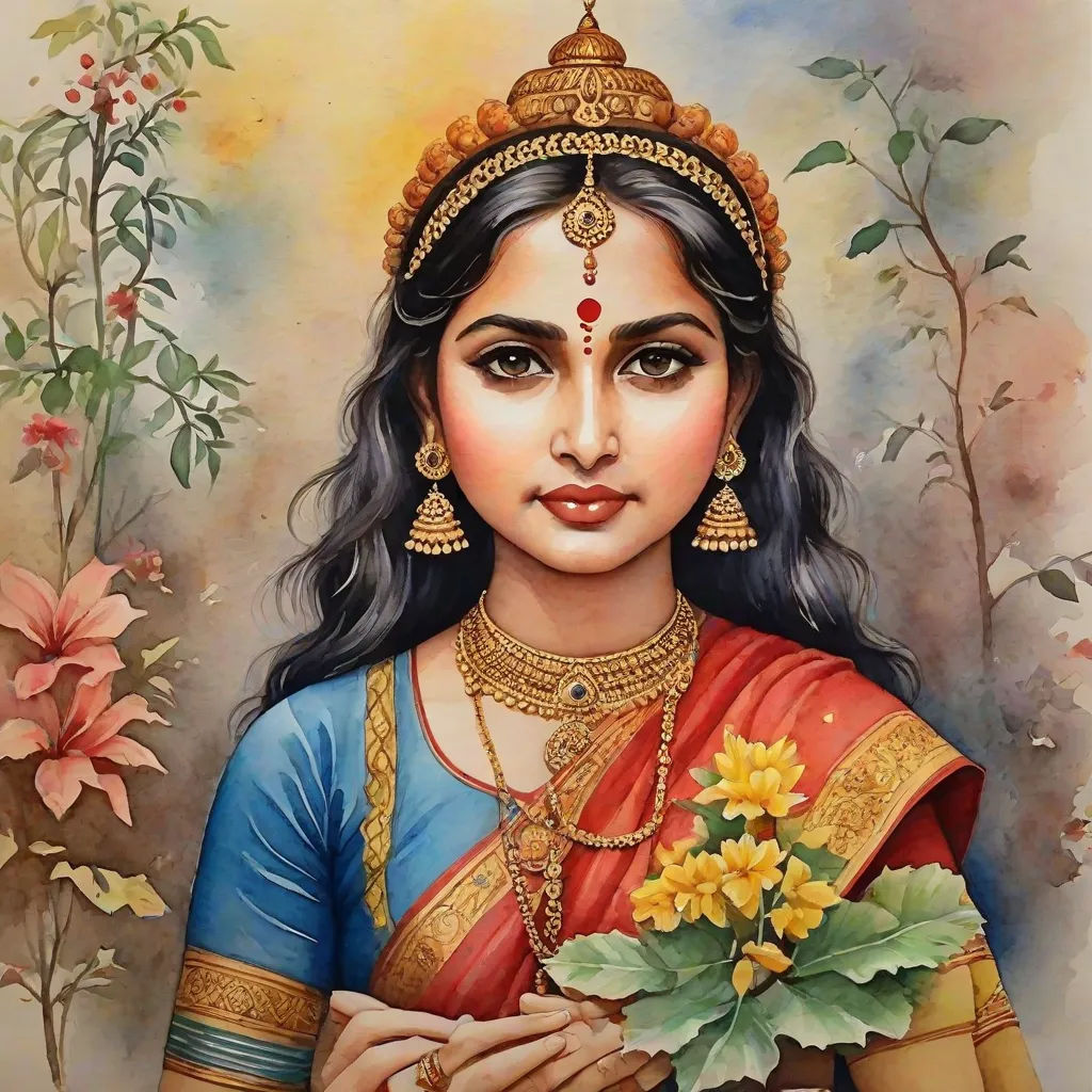 a painting of a woman holding a bouquet of flowers in her hands and wearing a traditional indian outfit with a gold necklace, samikshavad, a detailed painting, Ella Guru, detailed painting