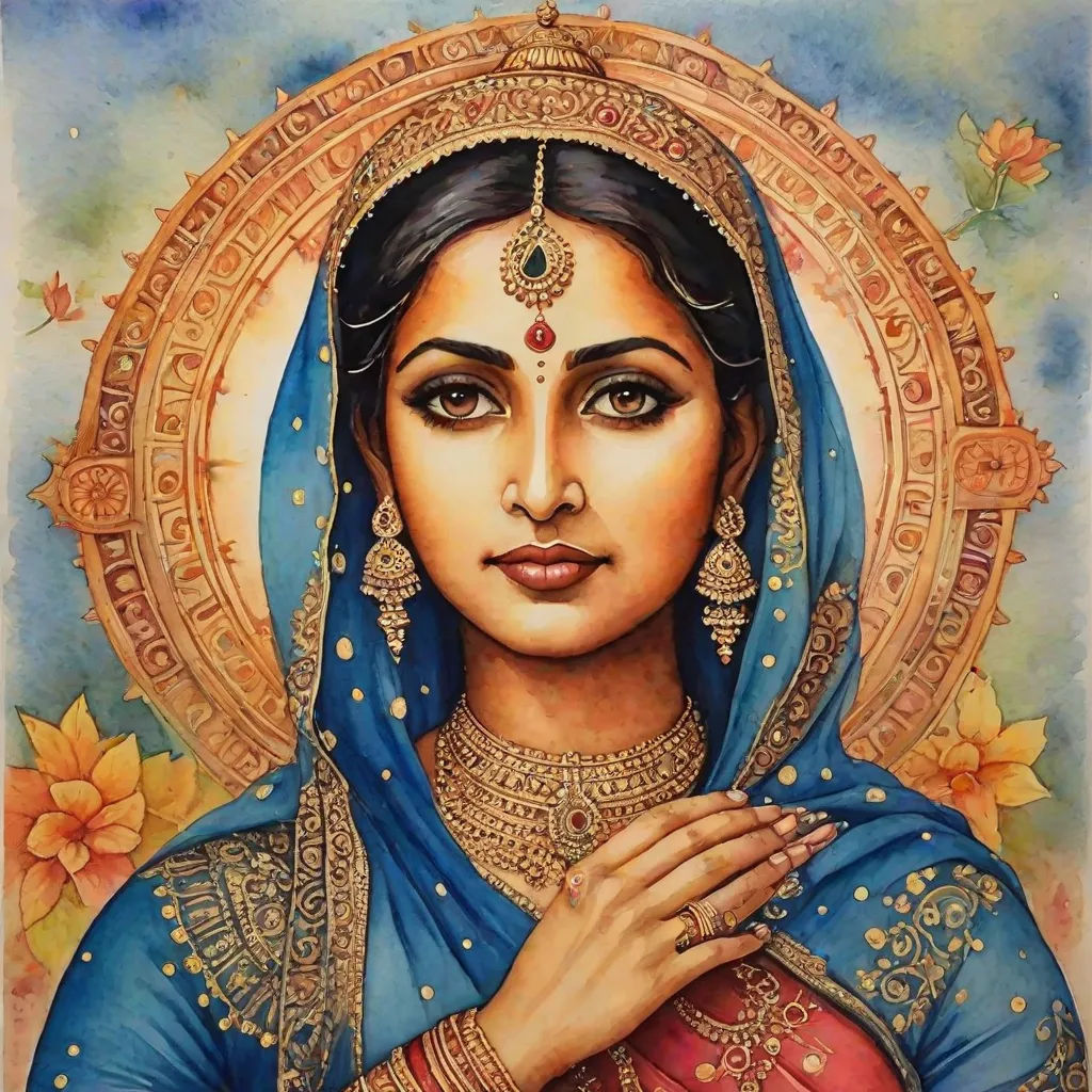 a painting of a woman in blue and gold with a blue veil and a red shawl on her head, qajar art, a detailed painting, Ella Guru, divinity