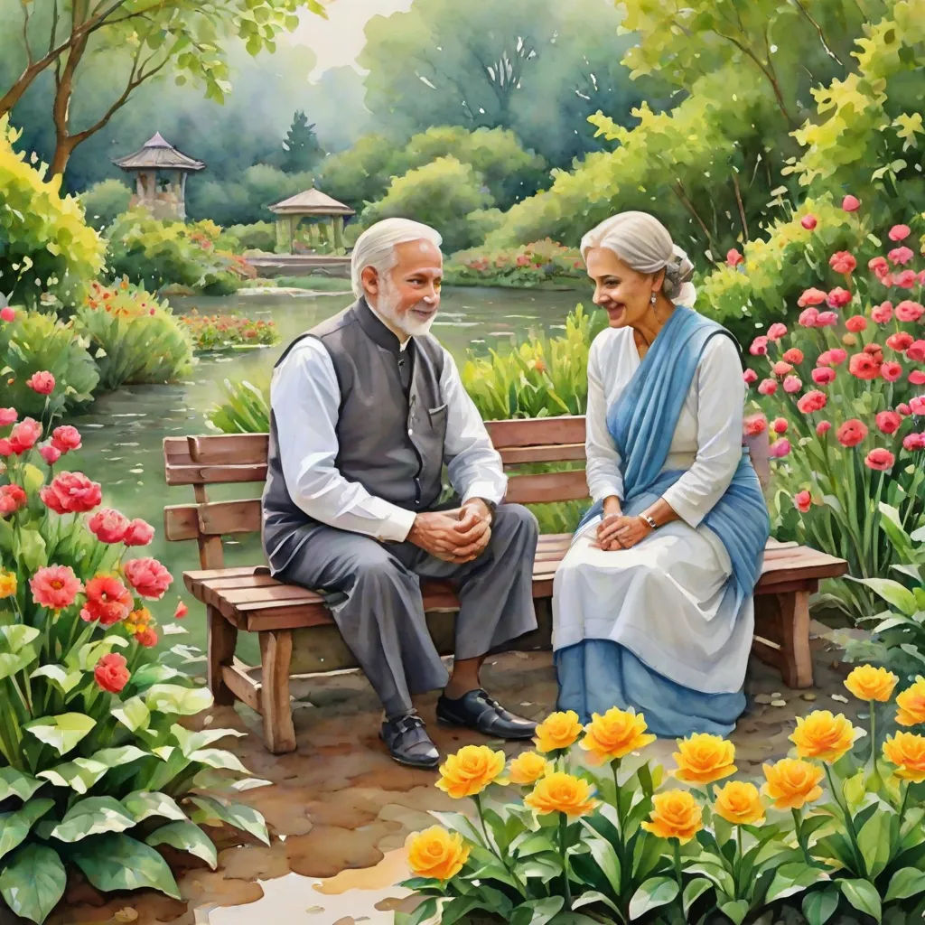 a painting of a couple sitting on a bench in a park with flowers and trees around them and a gazebo in the background, figurative art, a detailed painting, Bapu, detailed painting