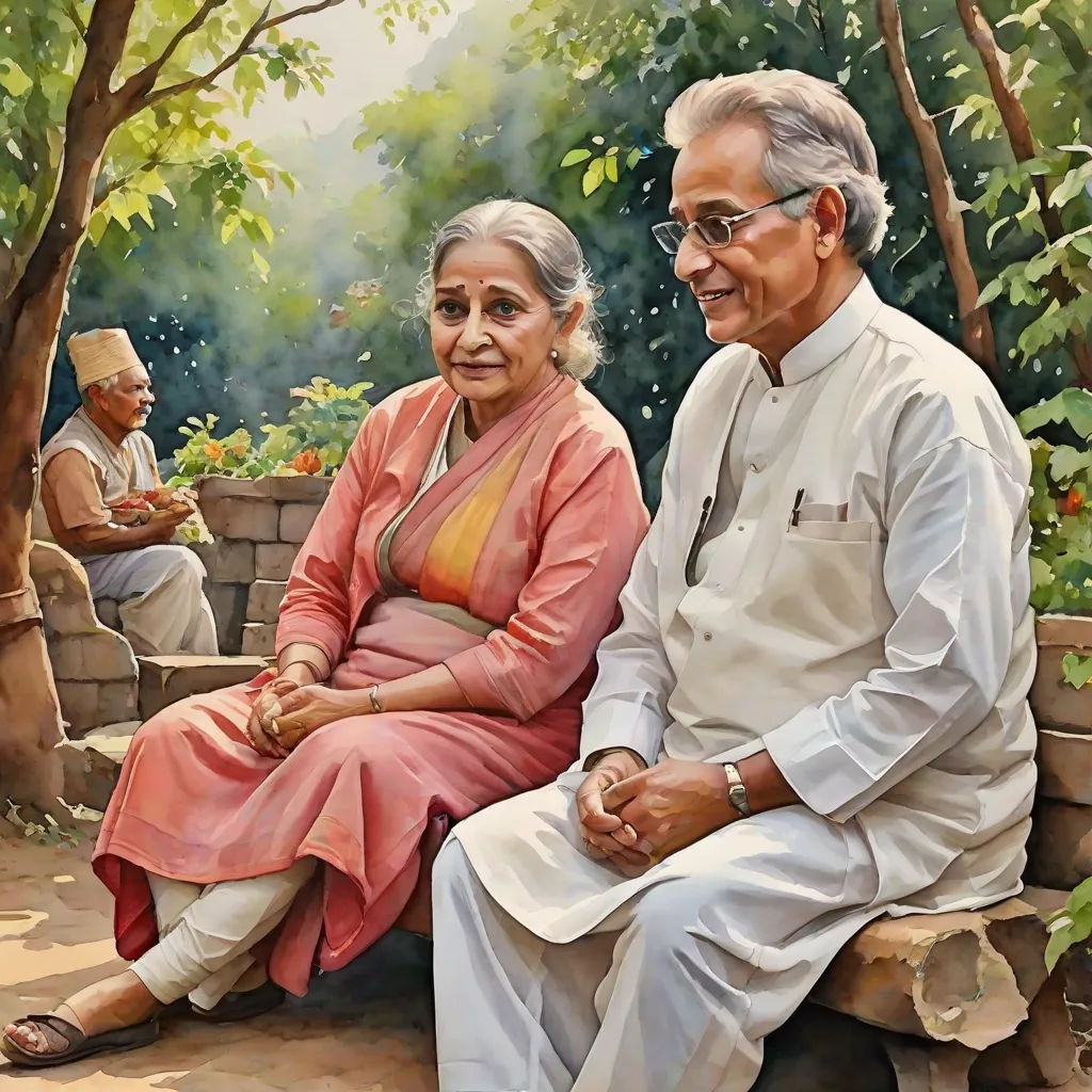 a painting of two people sitting on a bench together, one of them is smiling at the camera and the other is smiling, figurative art, a detailed painting, Bhupen Khakhar, extremely detailed oil painting