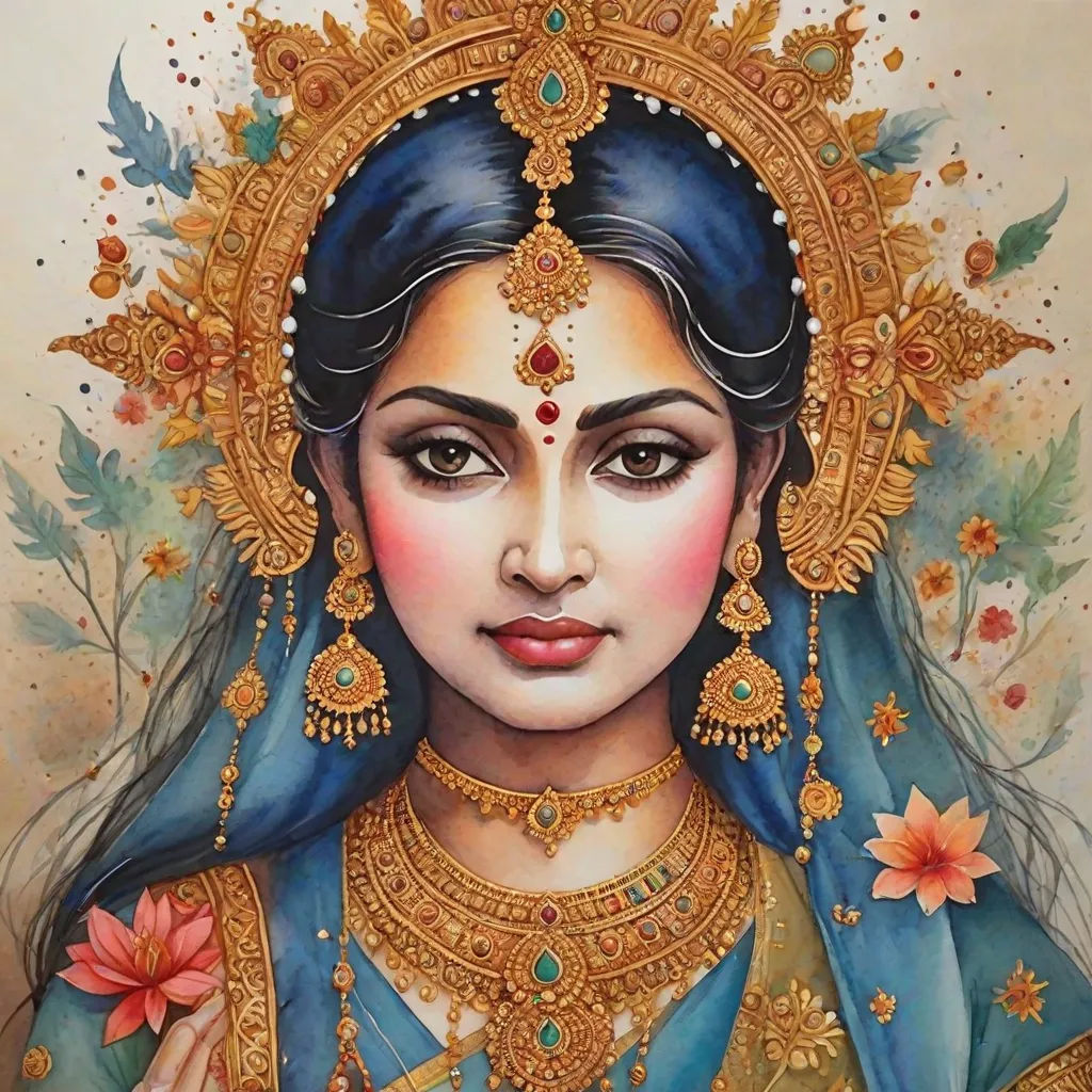 a painting of a woman with a blue veil and flowers on her head and a blue veil on her head, samikshavad, a detailed painting, Ella Guru, divinity