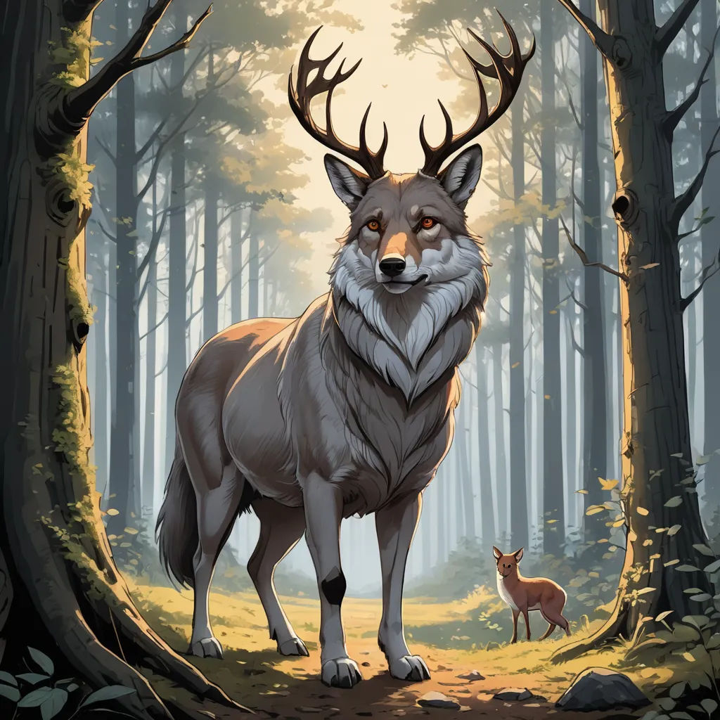 a painting of a fox and a deer in a forest with a full moon in the background and trees, furry art, a storybook illustration, Anato Finnstark, official art