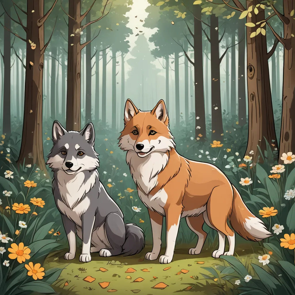 two foxes in the woods with flowers and trees in the background illustration by alex krapfke for the children's book, the tale of the fox and the hound, sots art, a storybook illustration, Caspar Wolf, key art