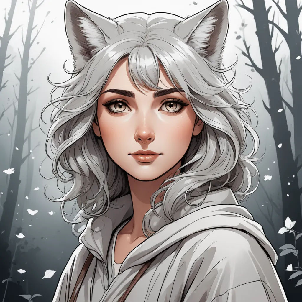 a woman with grey hair and a cat's head on her head, in front of a forest, furry art, a character portrait, Charlie Bowater, character portrait