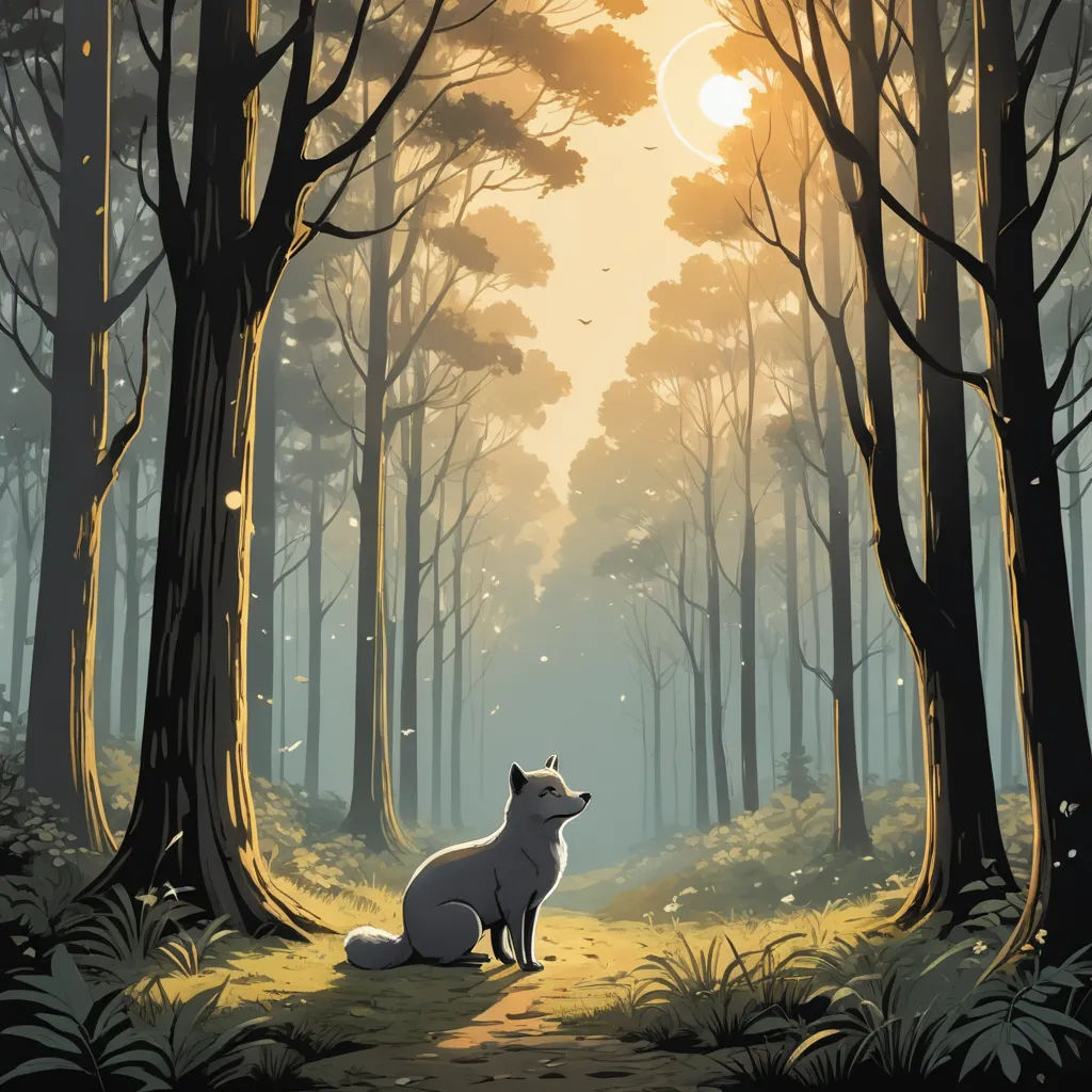 a painting of a fox sitting in a forest at sunset with the sun shining through the trees and the ground, furry art, a storybook illustration, David Martin, comic cover art