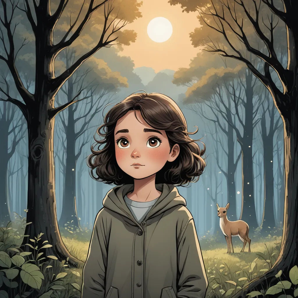 a girl in a forest with a deer in the background and a sun in the sky above her head, magical realism, a storybook illustration, Clarice Beckett, comic cover art