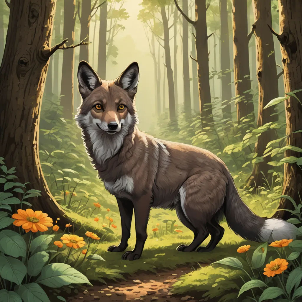 a painting of a fox in a forest with flowers and trees around it, looking at the camera with a smile, furry art, a character portrait, Dan Mumford, official art