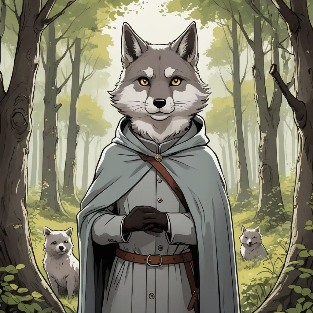 a wolf in a cloak standing in a forest with other animals around him and a wolf behind him, with a forest background, furry art, a character portrait, Cedric Seaut (Keos Masons), official art