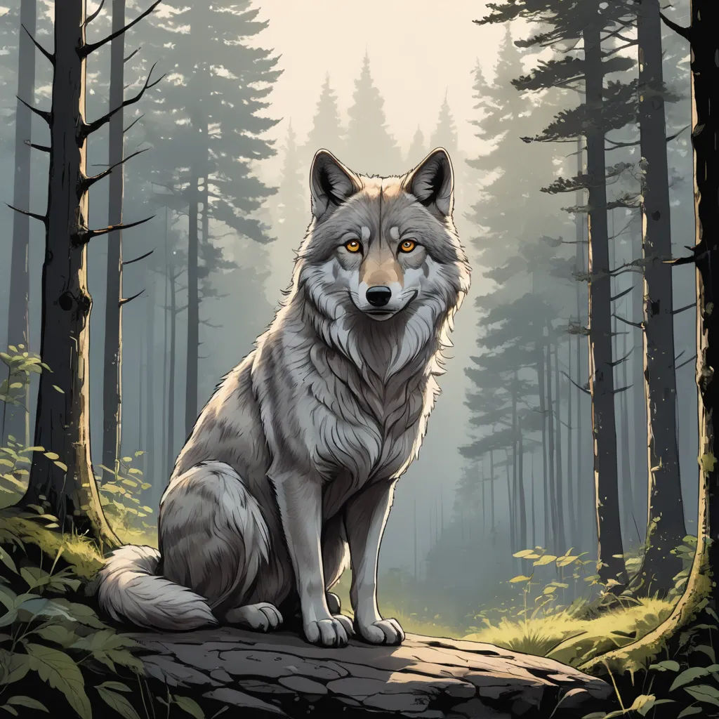 a wolf sitting on a rock in a forest with trees and grass around it, looking at the camera, furry art, a character portrait, Dan Mumford, official art
