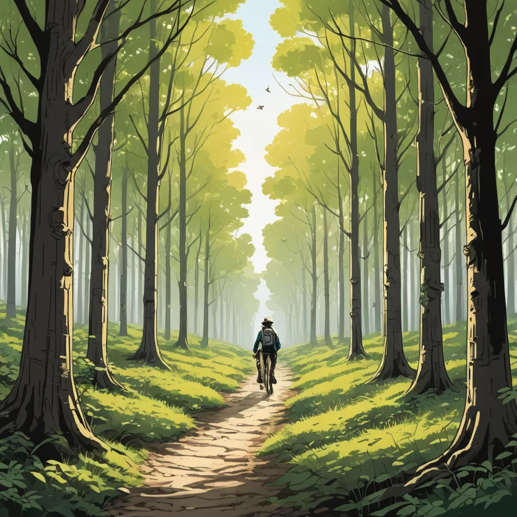a man riding a bike down a forest trail in the sunlight with trees on both sides of the path, context art, a comic book panel, Dan Mumford, color page