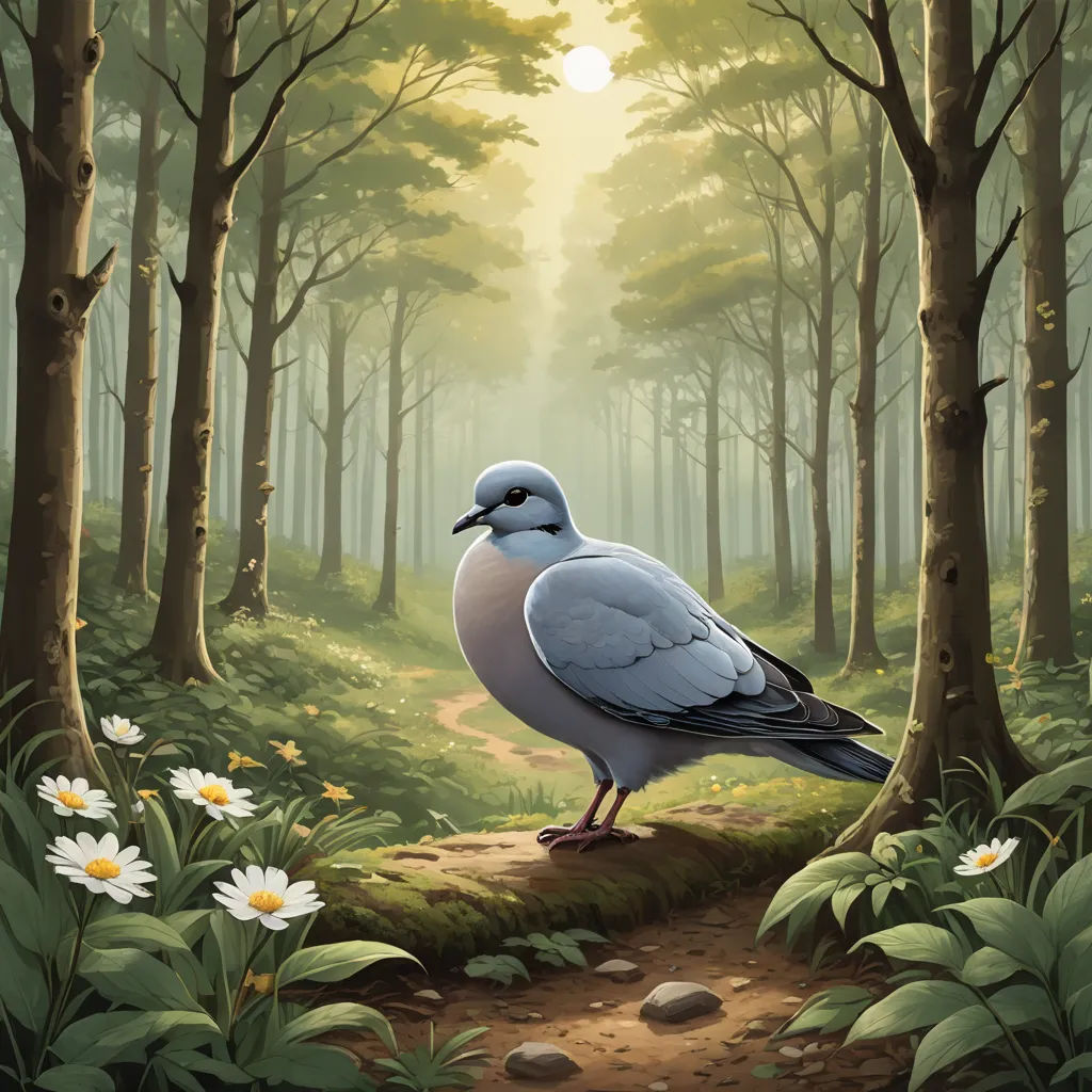 a bird is standing on a path in the woods with daisies in the foreground and a path leading to the woods, magic realism, a storybook illustration, Chris LaBrooy, official art