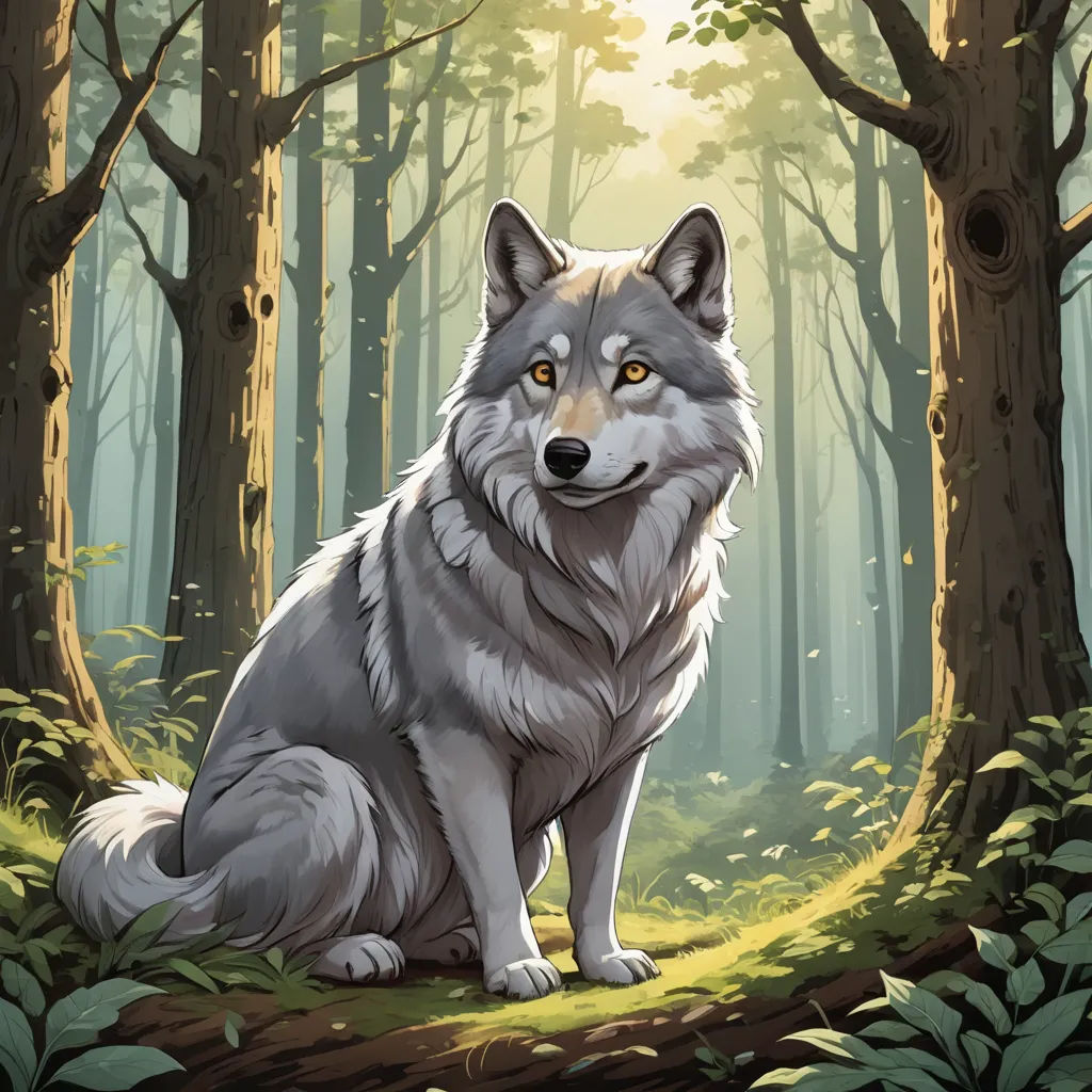 a wolf sitting in the middle of a forest with trees and grass around it, looking at the camera, furry art, a storybook illustration, Brom, official art
