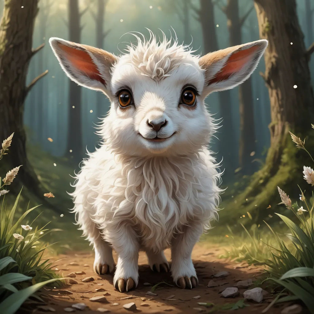 a painting of a baby sheep standing in a forest with leaves and flowers around it's feet and looking at the camera, fantasy art, a digital painting, Chris LaBrooy, magic the gathering artwork