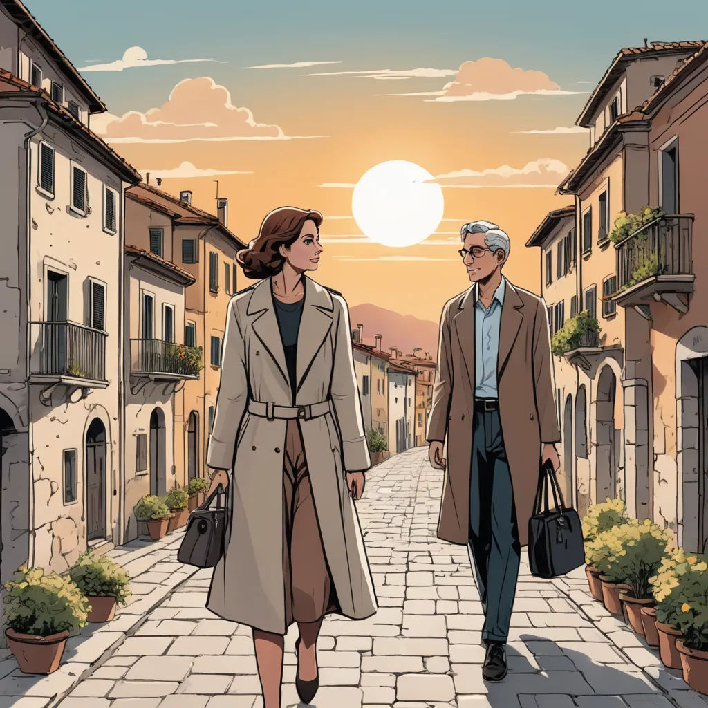 a man and a woman walking down a street in front of a sunset with buildings and potted plants, serial art, a comic book panel, Florence Engelbach, graphic novel