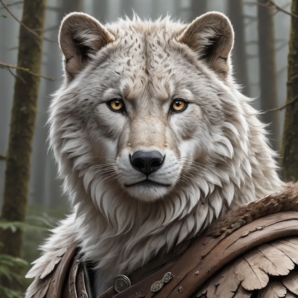 a white wolf with a leather armor and a forest background is shown in this digital painting style image of a wolf, furry art, a character portrait, Brom, weta digital
