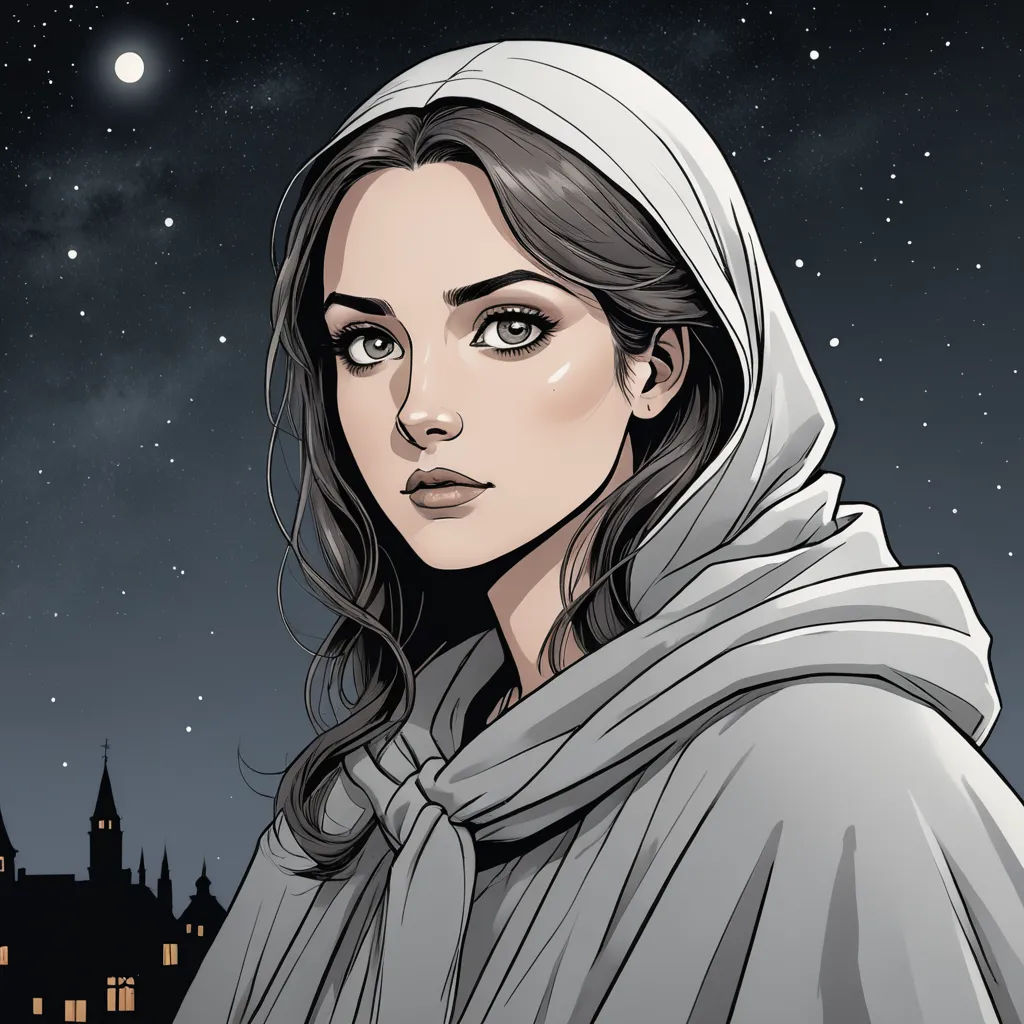 a woman in a white shawl is looking at the camera with a dark background and a full moon in the sky, gothic art, a character portrait, Charlie Bowater, comic cover art