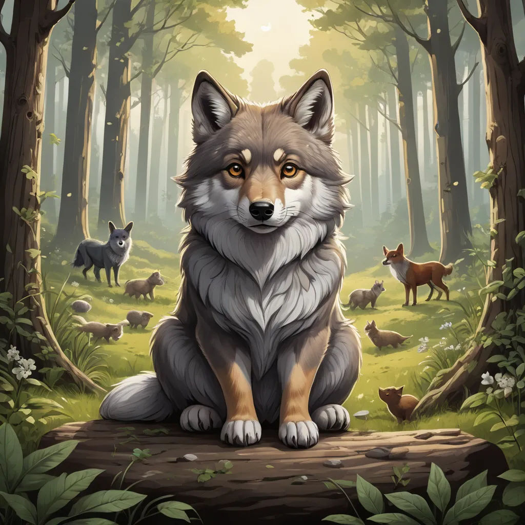 a painting of a wolf sitting in the woods with other animals around him and looking at the camera with a smile, furry art, a storybook illustration, Cyril Rolando, official art