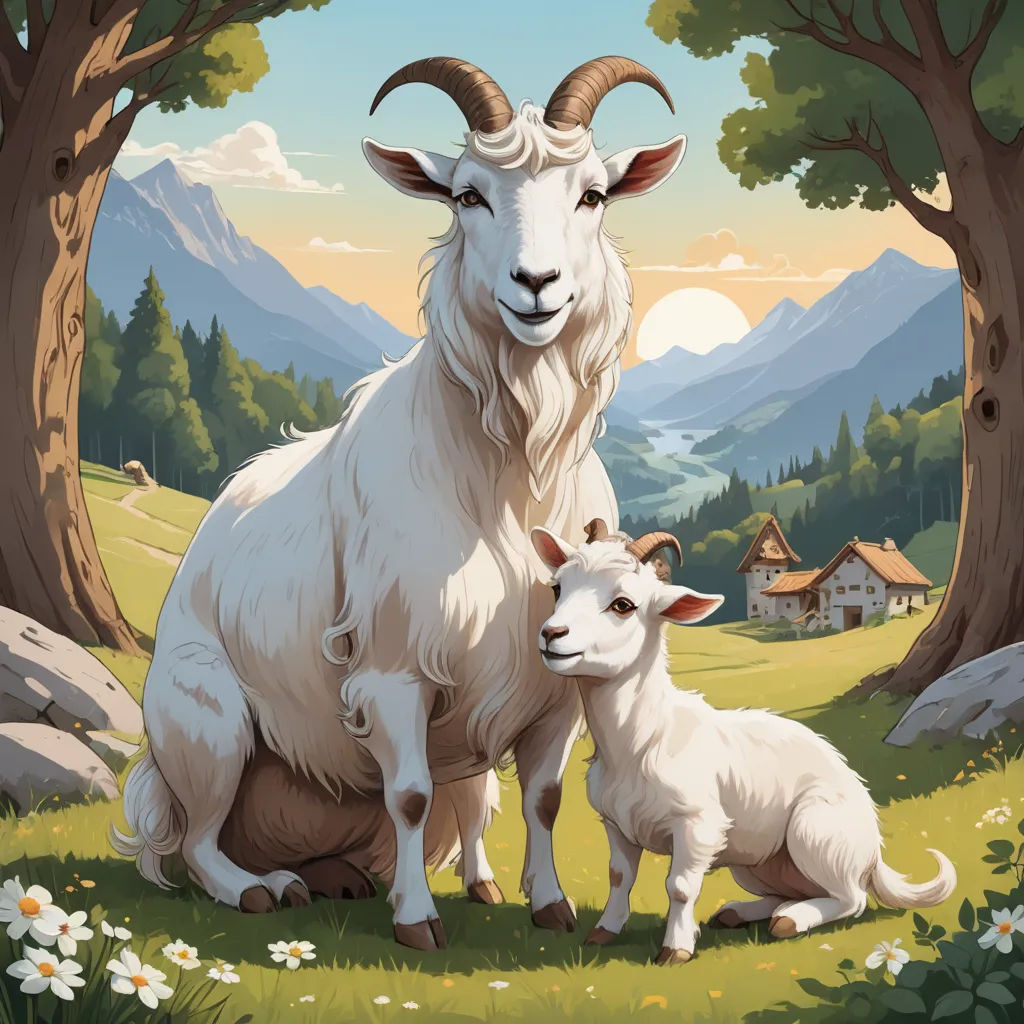 a painting of a goat and a lamb in a field with mountains in the background and a house in the distance, lyco art, a storybook illustration, Chris LaBrooy, official art
