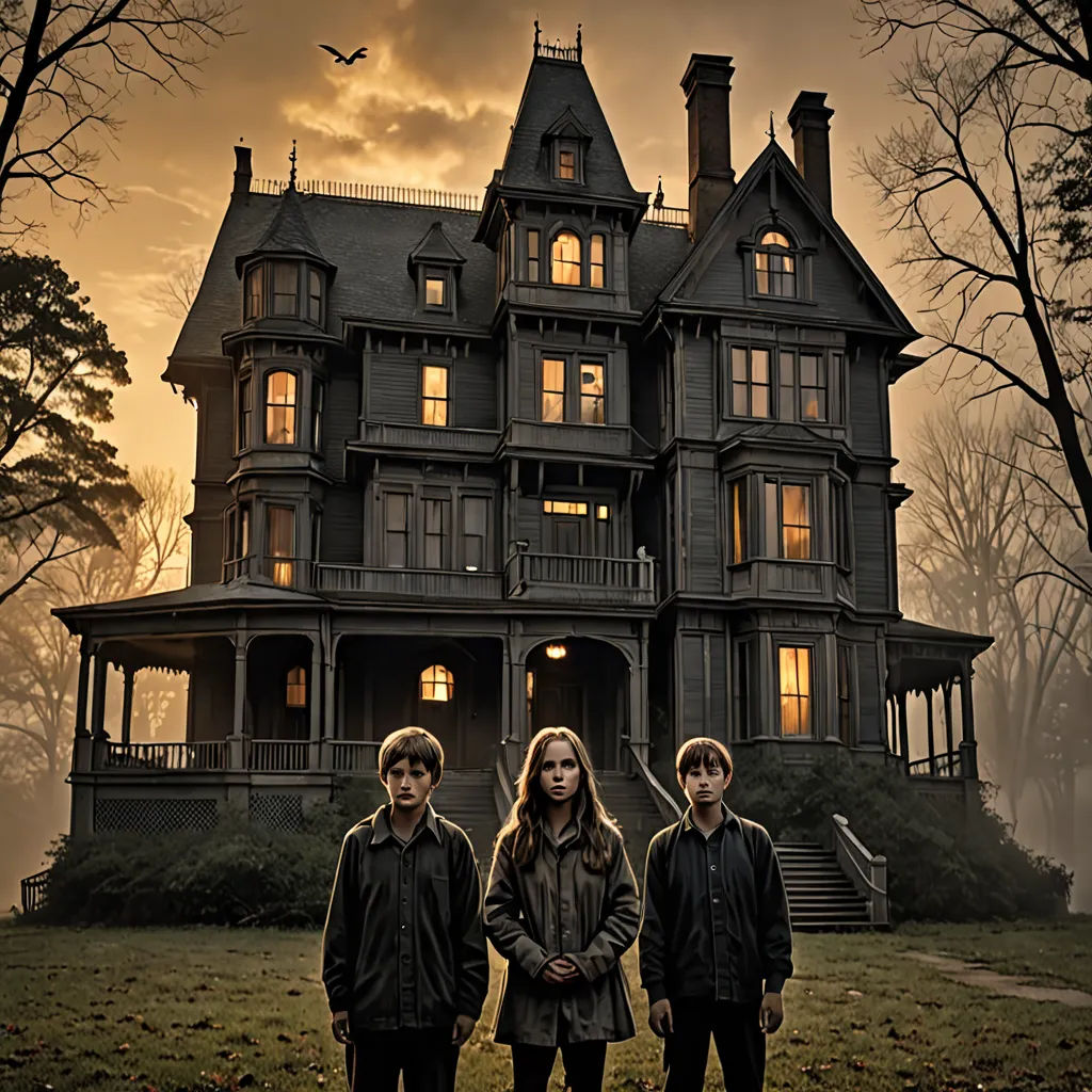 a group of people standing in front of a house at night with a full moon in the sky above, a poster, promotional image, international gothic, Anne Said