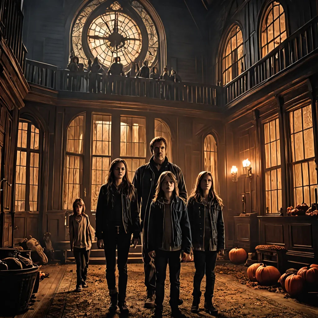 a group of people standing in a room with a clock in the background and a window in the middle, poster art, promotional image, international gothic, Dirk Crabeth