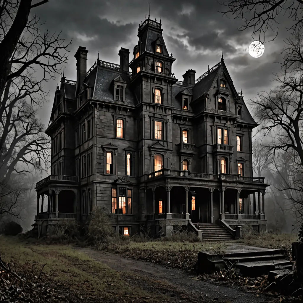a creepy house with a full moon in the background and a dark sky with clouds above it and a path leading to the front door, a detailed matte painting, gothic, gothic art, Clark Voorhees