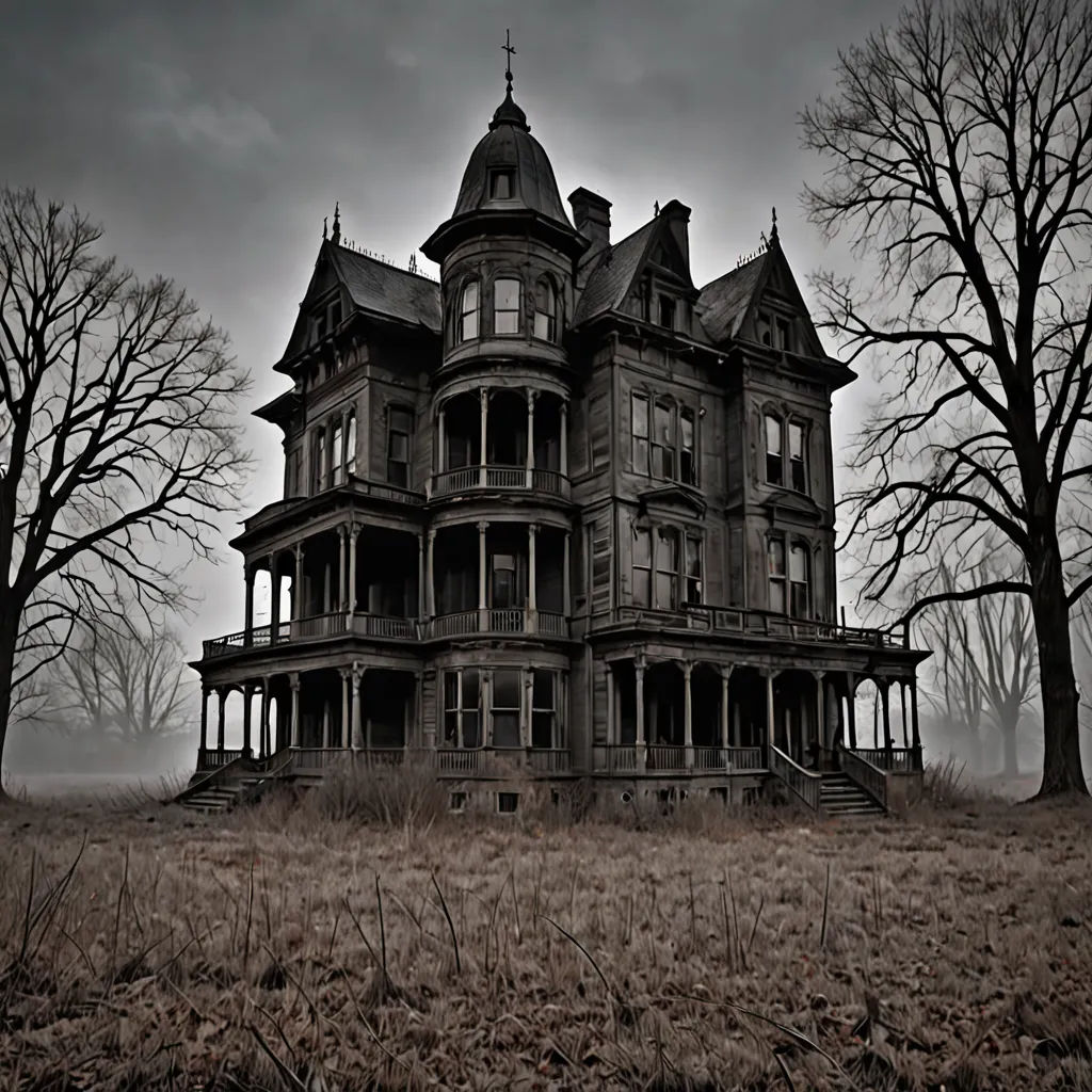 a creepy looking house with a creepy sky in the background and trees in the foreground, with a dark sky in the background, a matte painting, gothic, international gothic, Dirk Crabeth