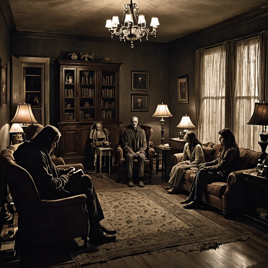 a group of people sitting in a living room together on couches and chairs, with a chandelier hanging from the ceiling, a colorized photo, promotional image, shock art, Dirk Crabeth
