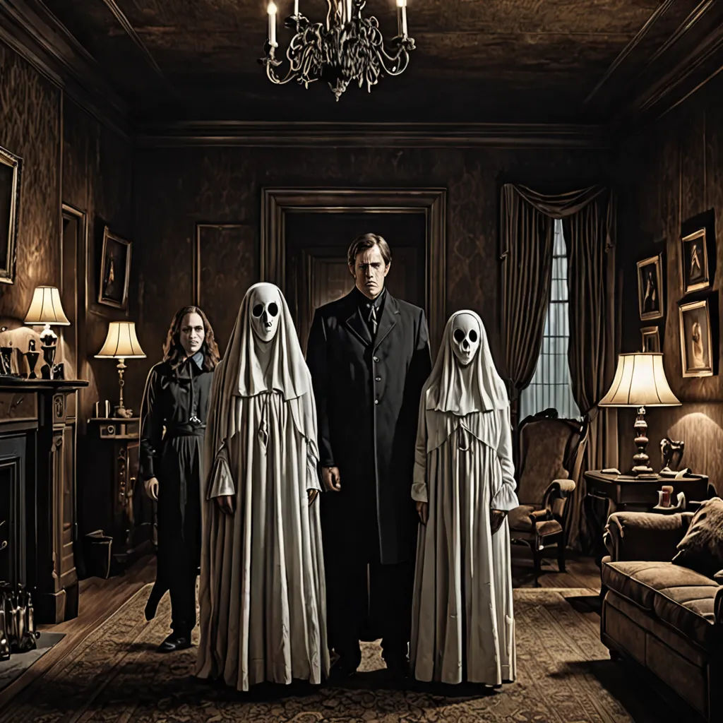 a group of people in ghost costumes standing in a living room with a fireplace and a chandelier, poster art, promotional image, international gothic, Dirk Crabeth