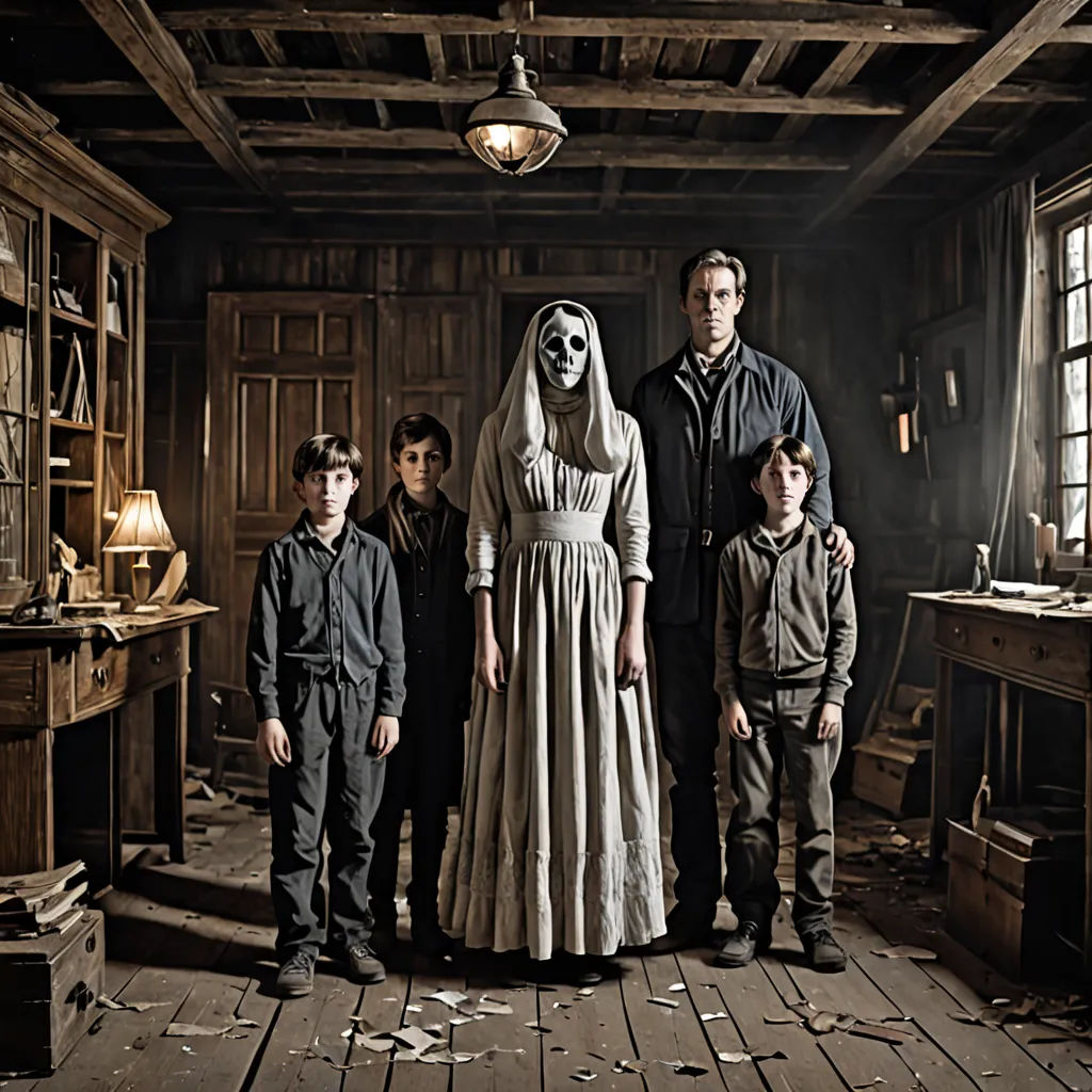 a family in a creepy house with a ghost on the wall and a ghost on the floor in front of them, a poster, promotional image, international gothic, Alice Mason