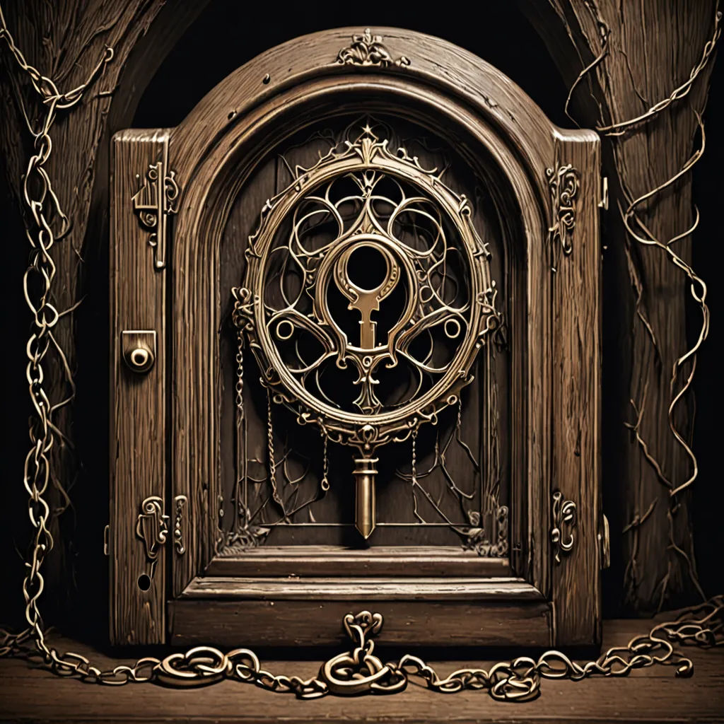 a door with a key in it and a chain around it's edges and a door handle on the front, a storybook illustration, highly detailed digital art, gothic art, Dirk Crabeth