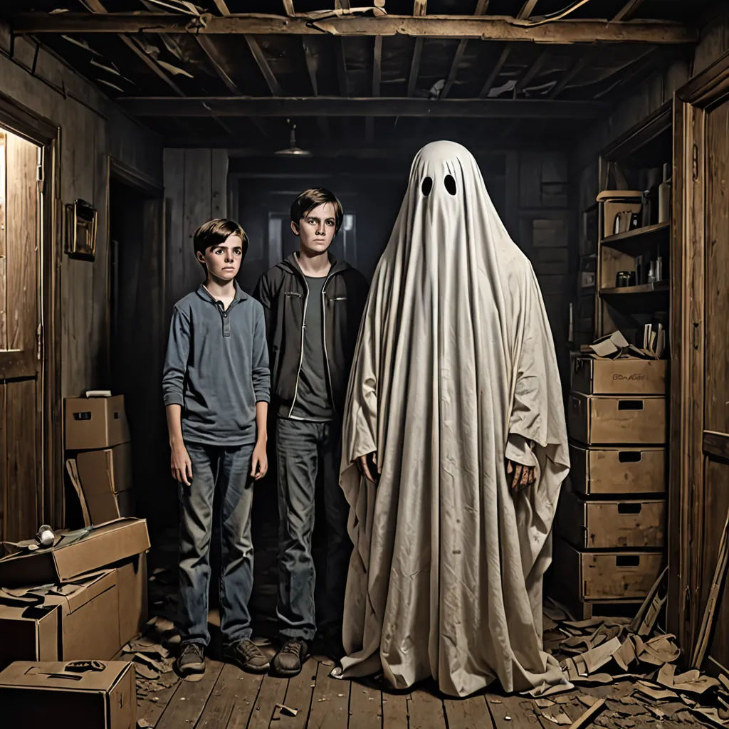 two boys standing in a room with a ghost in the middle of it and a ghost in the middle of the room, a poster, promotional image, international gothic, Andrew Robertson