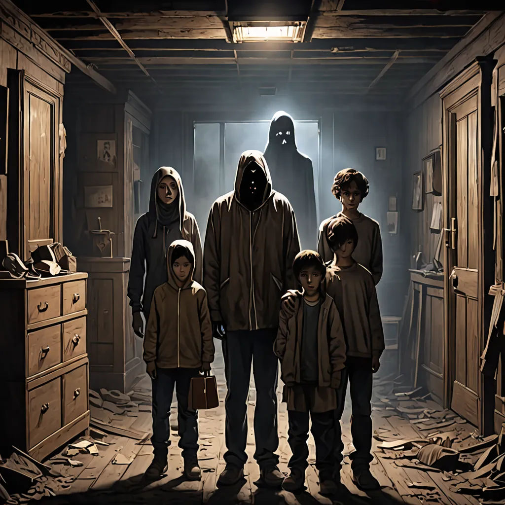 a group of people standing in a room with a ghost in the background and a man in a hoodie, poster art, promotional image, sots art, Eddie Mendoza