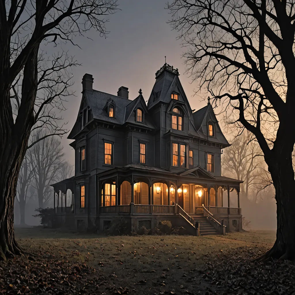 a large house with a porch and lights on it's windows at night in the foggy woods, a detailed matte painting, promotional image, gothic art, Clark Voorhees
