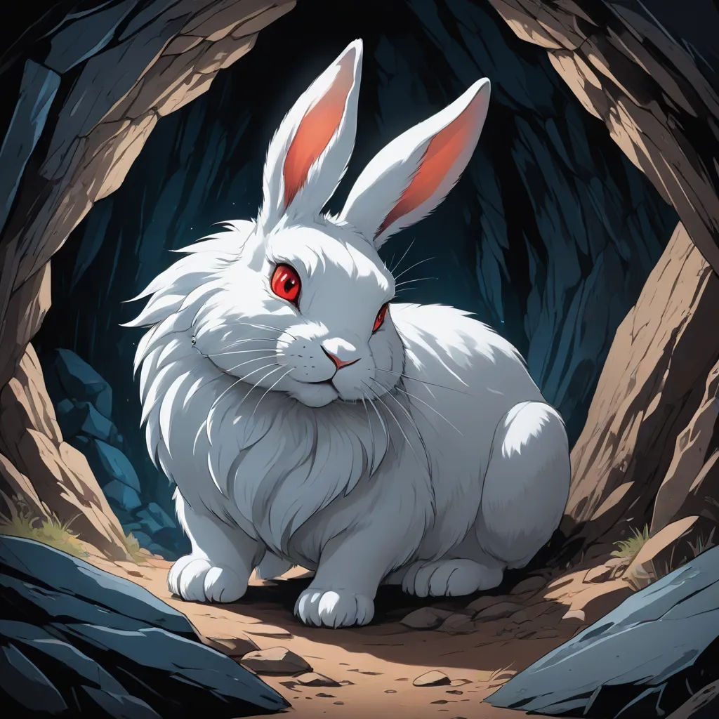 a white rabbit sitting in a cave with red eyes and a red nose, with a dark background, with a cave entrance with rocks and a rock, furry art, a character portrait, Bedwyr Williams, official art