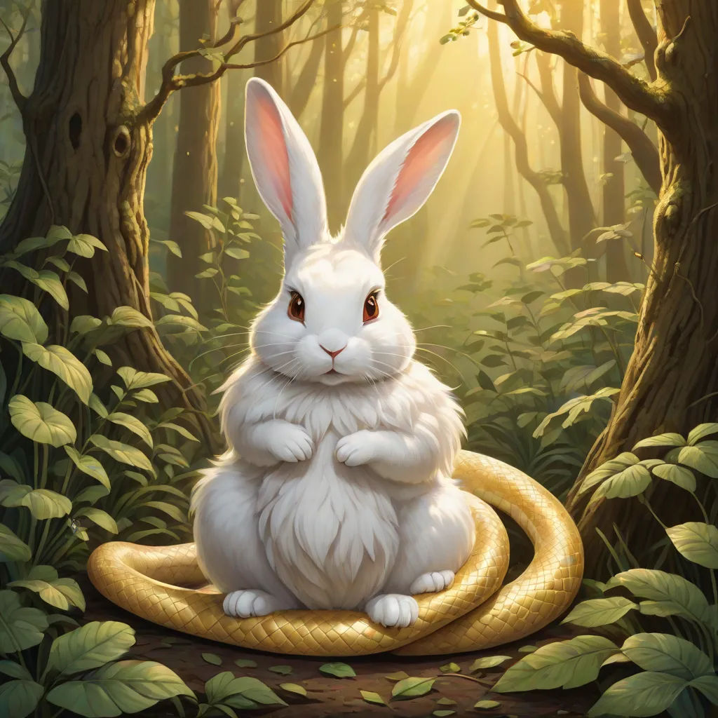 a white rabbit sitting on a snake in a forest with trees and bushes around it, with a yellow snake in the foreground, magical realism, a storybook illustration, Ed Binkley, official art