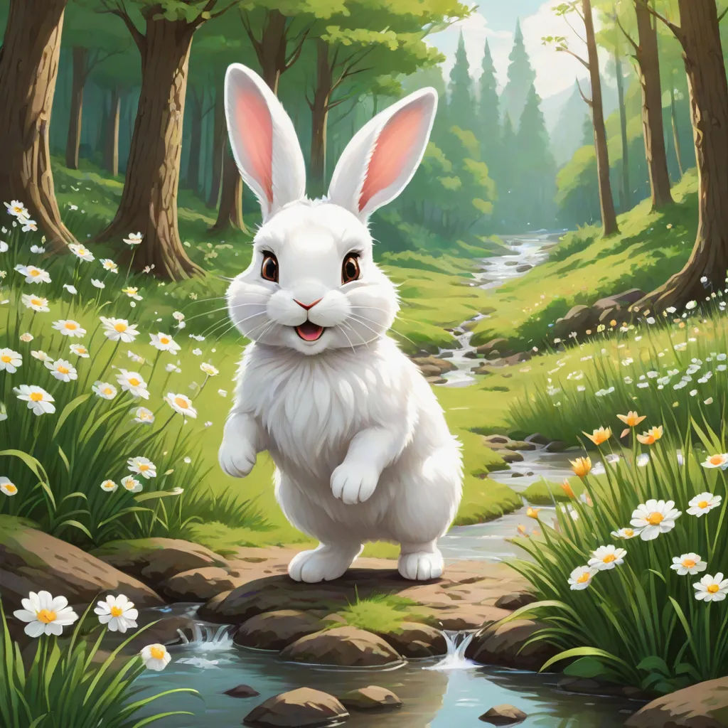 a painting of a white rabbit running across a stream in a forest with flowers and trees around it,, furry art, a storybook illustration, Anne Stokes, magic the gathering artwork